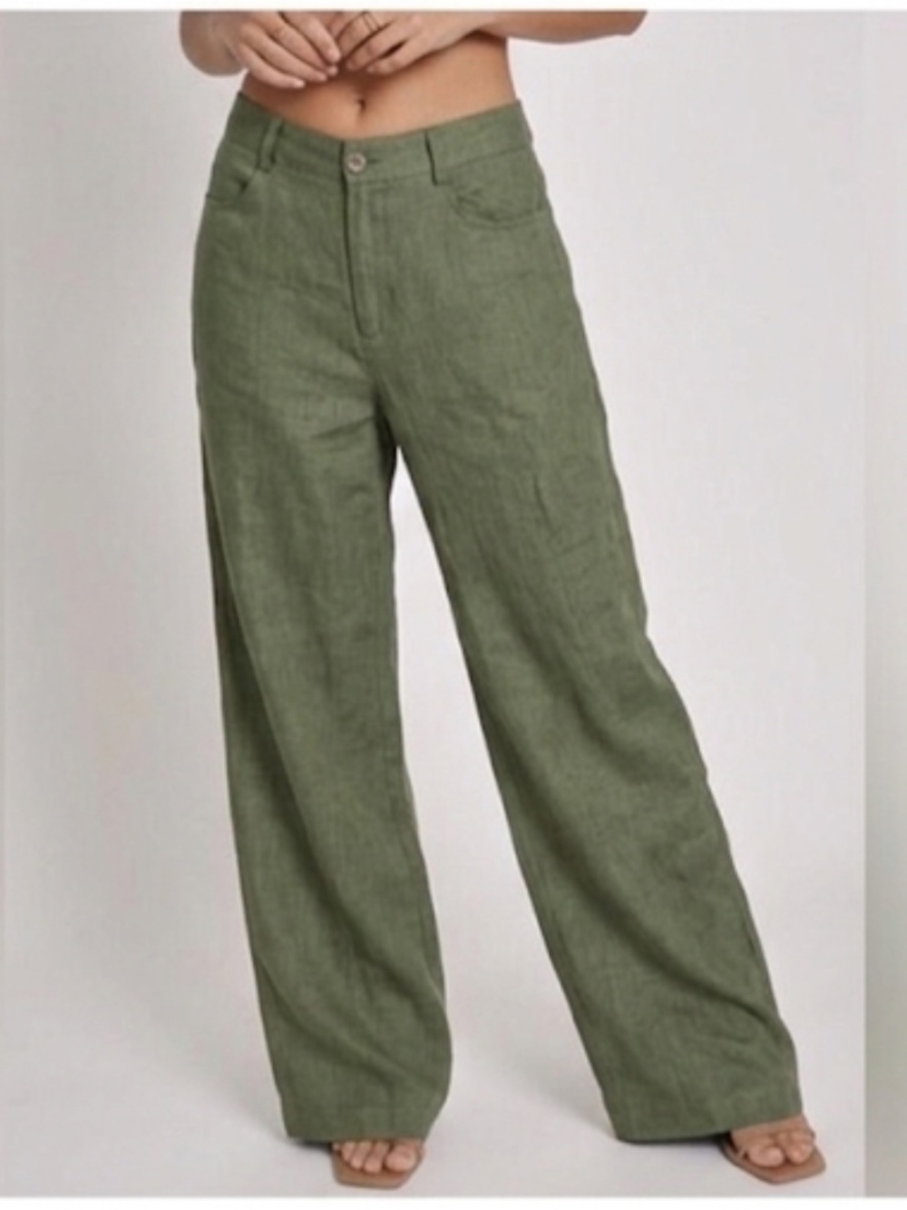 Sans Souci Wide Leg Linen Pants Olive Green Size L